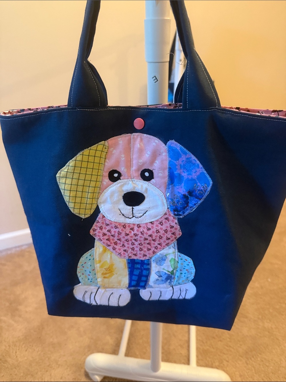 Navy Kids Tote with Colorful Patchwork Puppy Applique